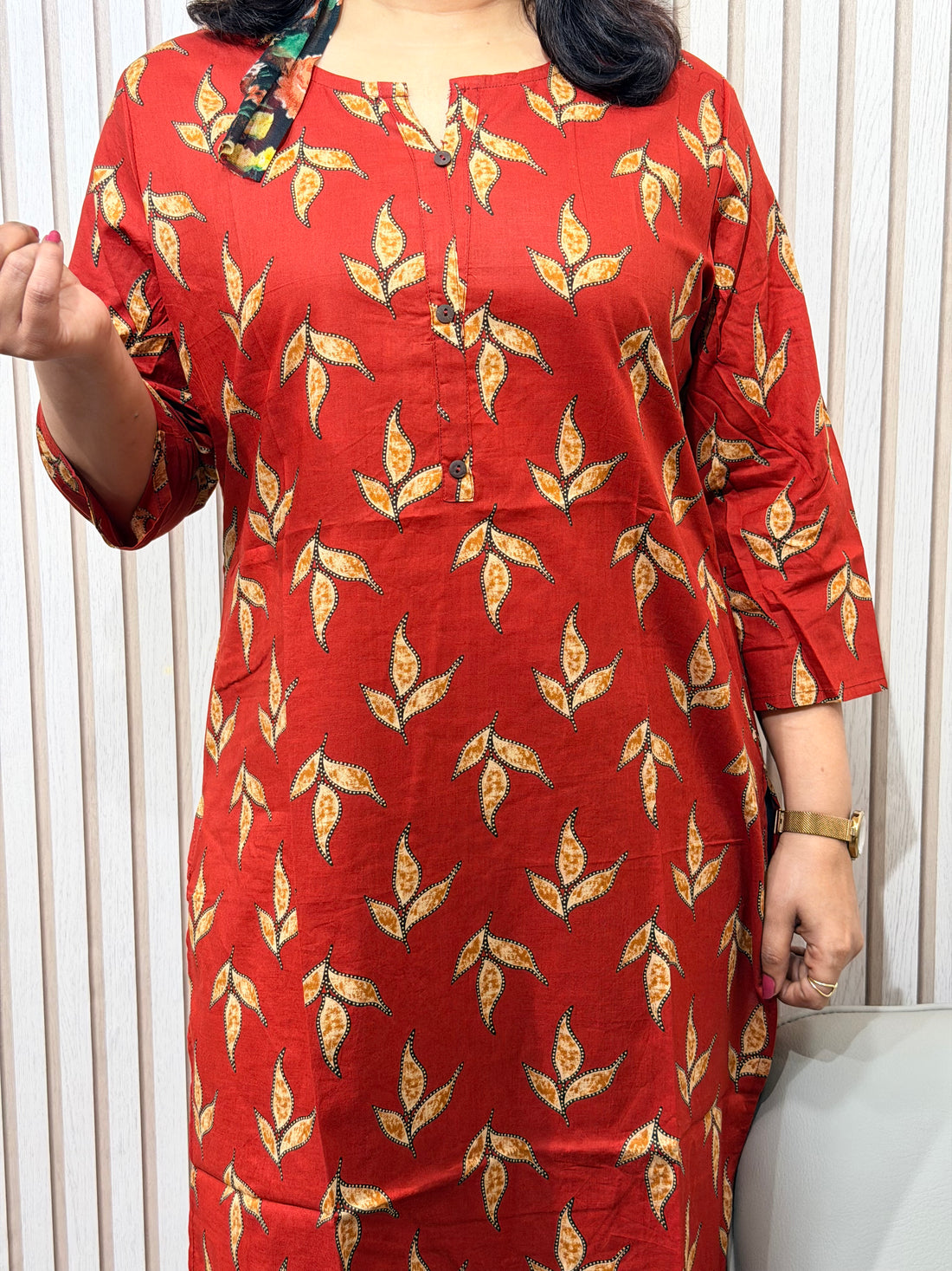 Rust Red Leaf Printed Kurti