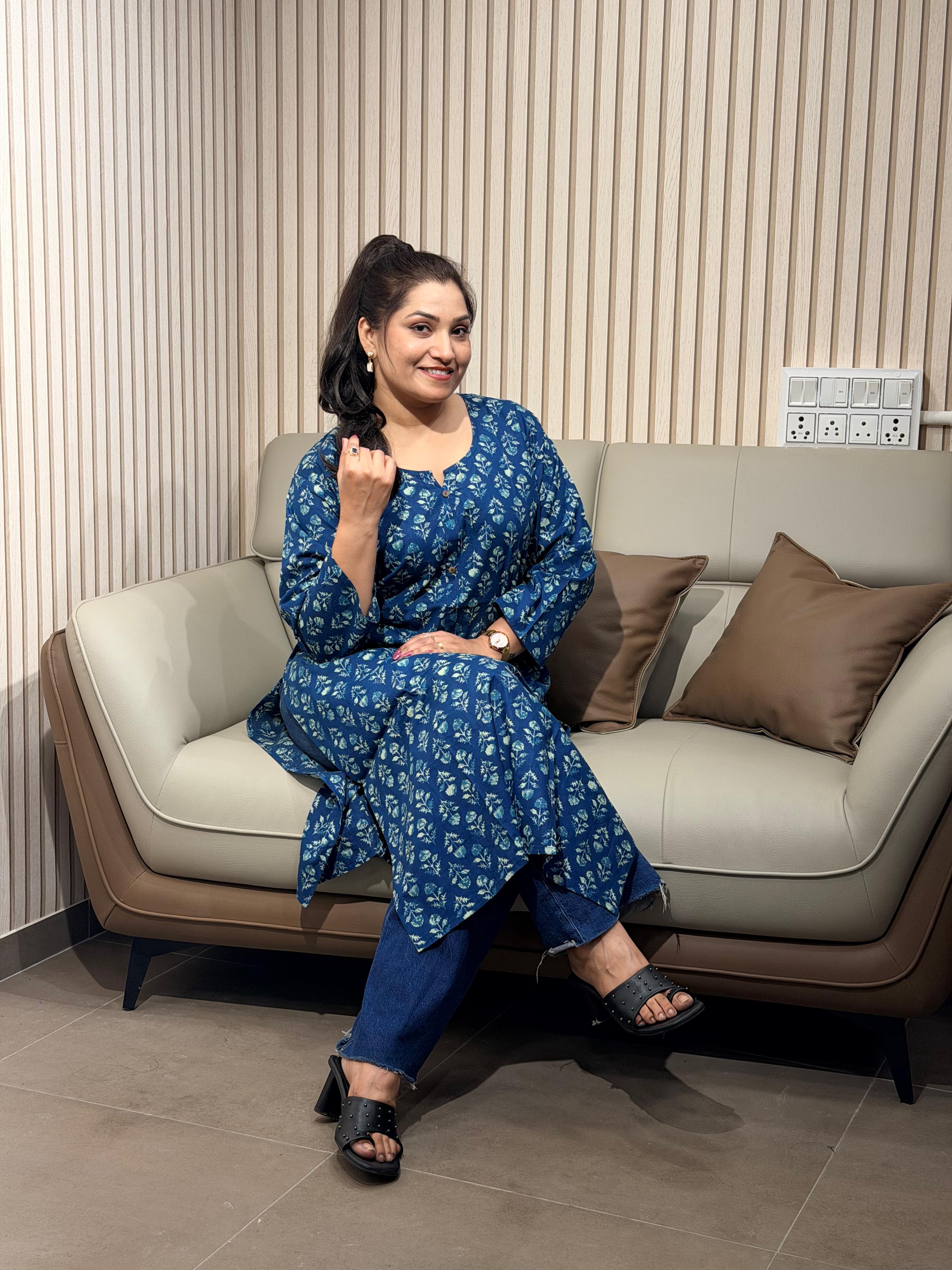 Midnight Blue Floral Motif Straight Kurti