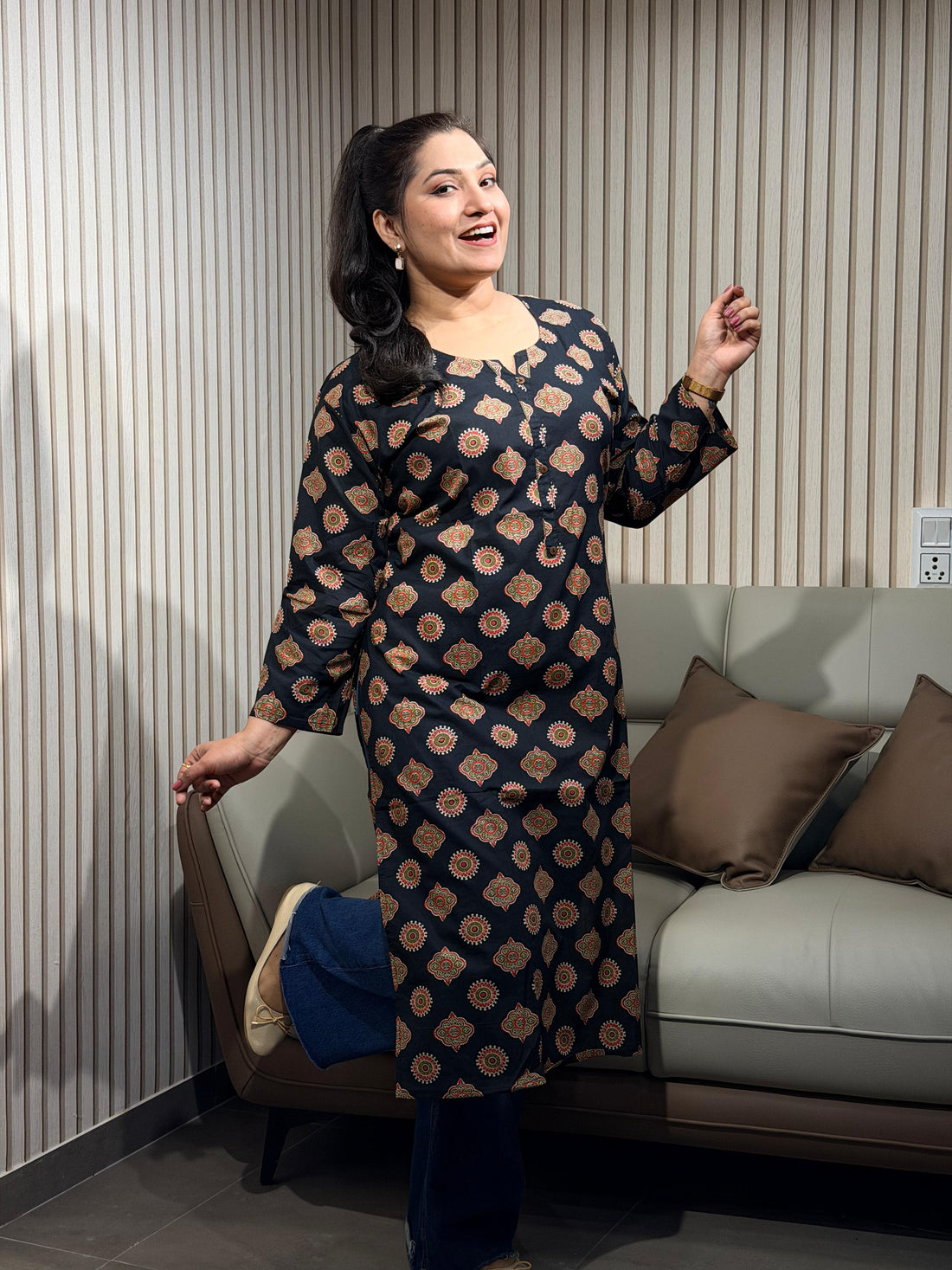 Black Ethnic Motif Printed Kurti