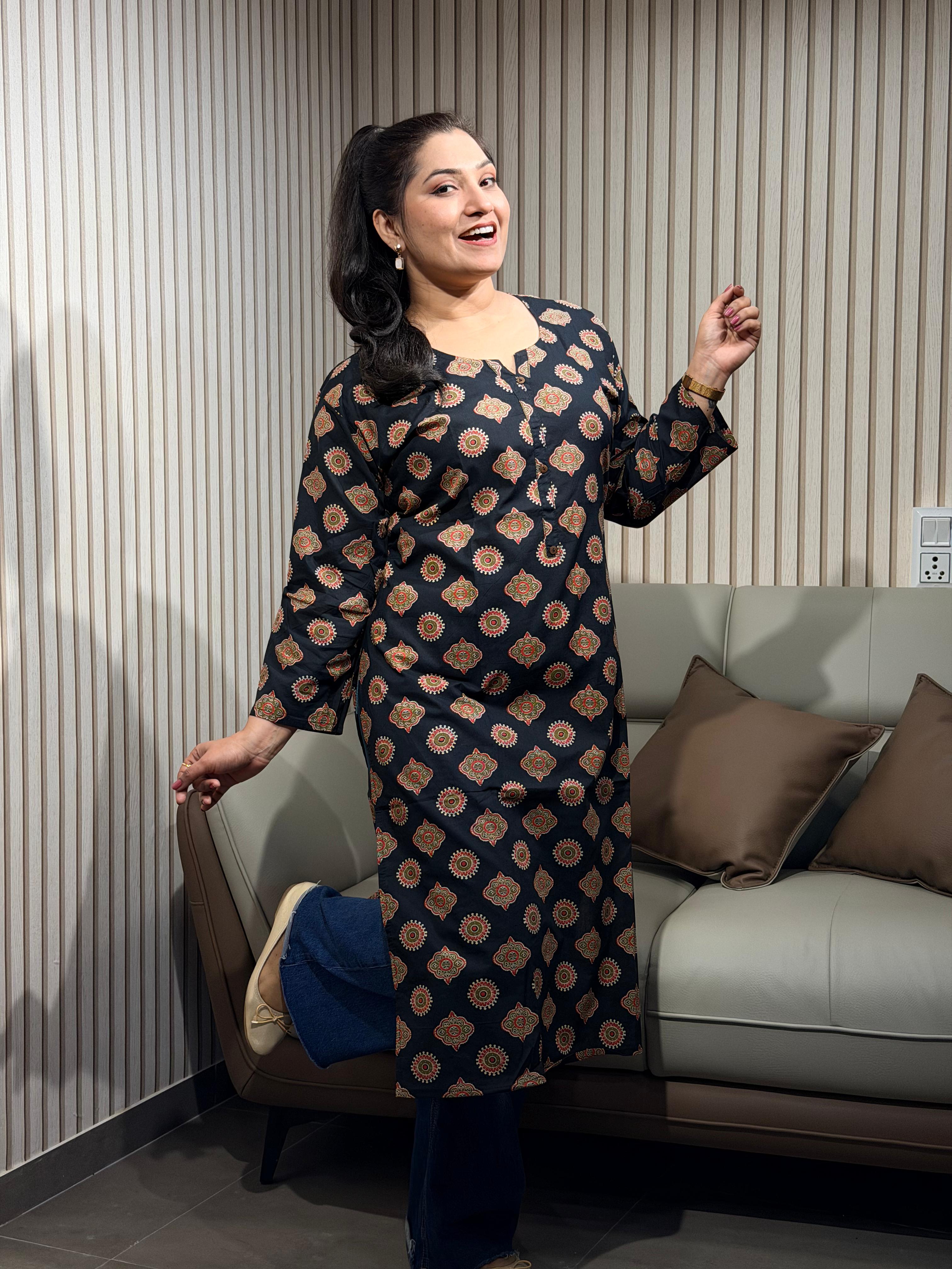 Black Ethnic Motif Printed Kurti