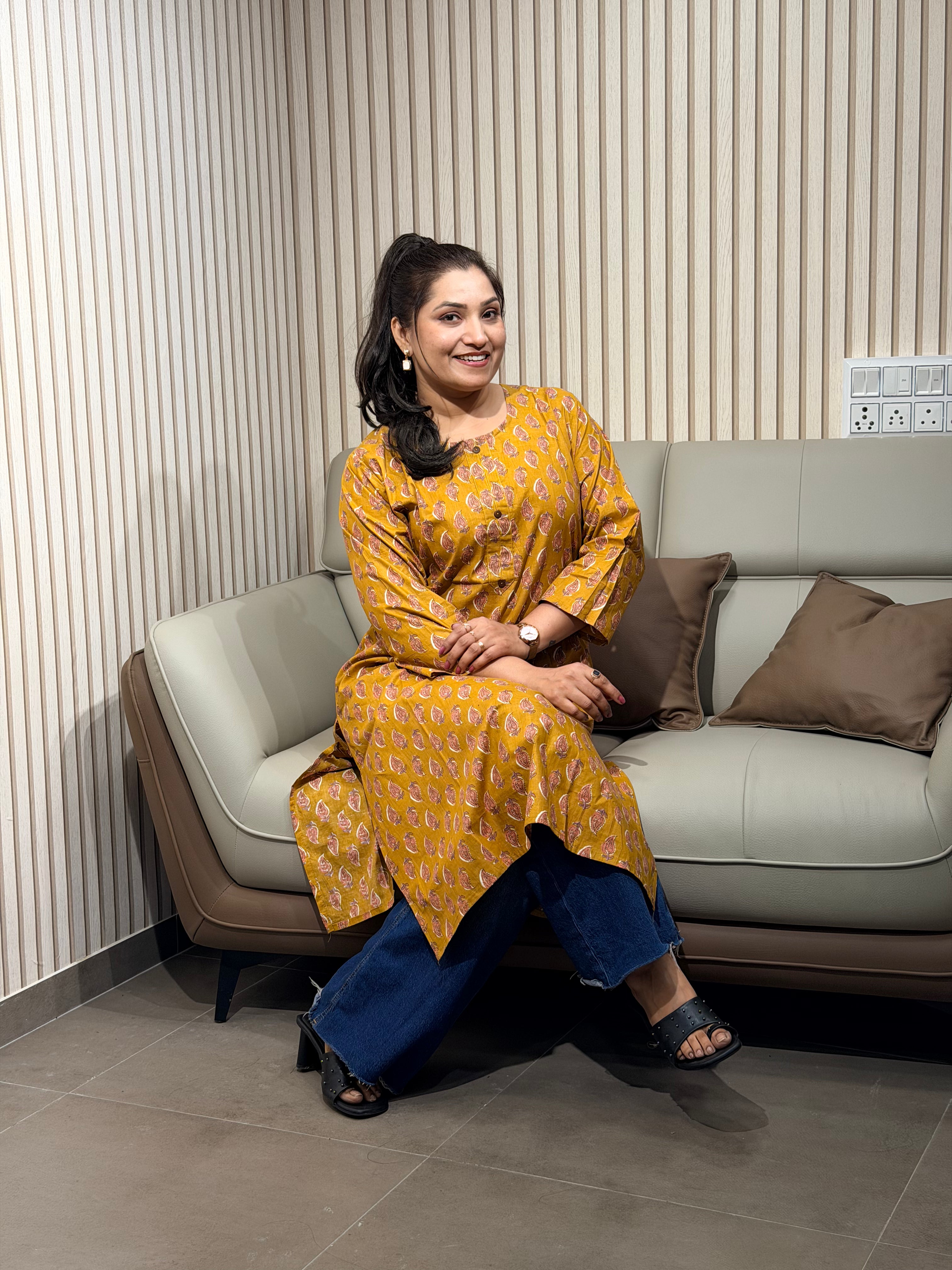 Yellow leaf printed kurti