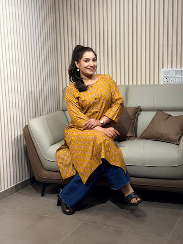 Yellow leaf printed kurti