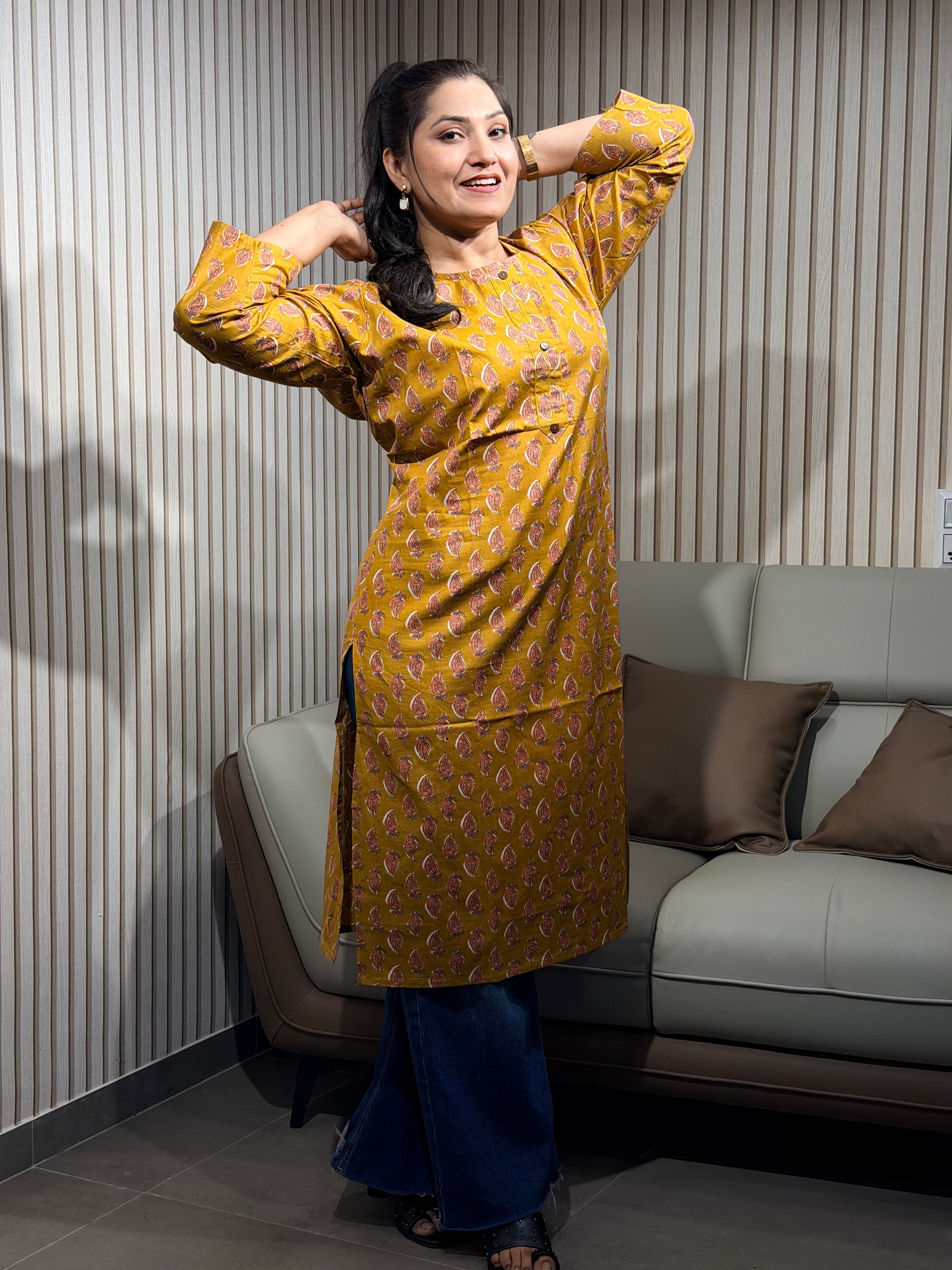 Yellow leaf printed kurti