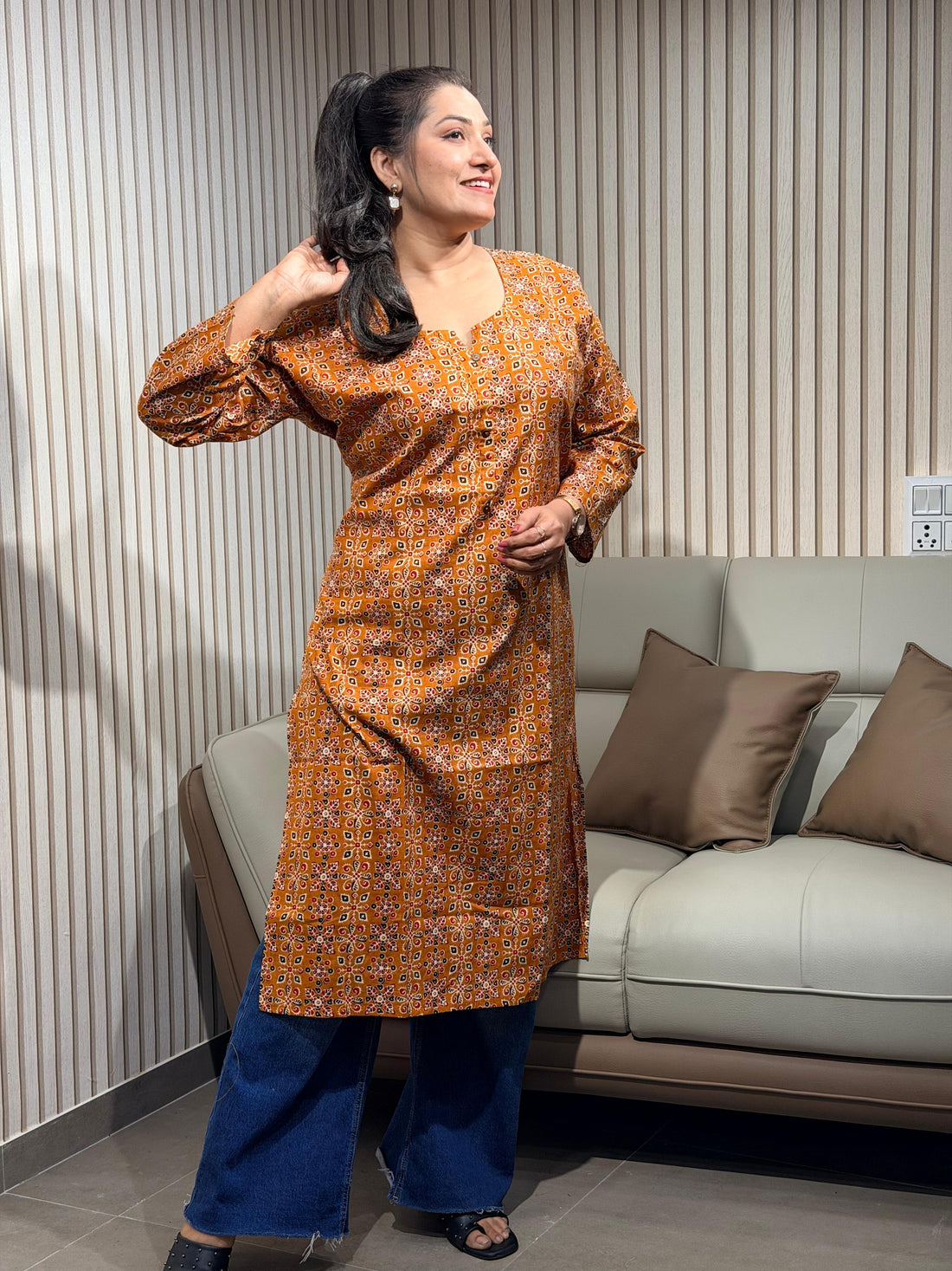 Burnt Orange Ethnic Print Kurti
