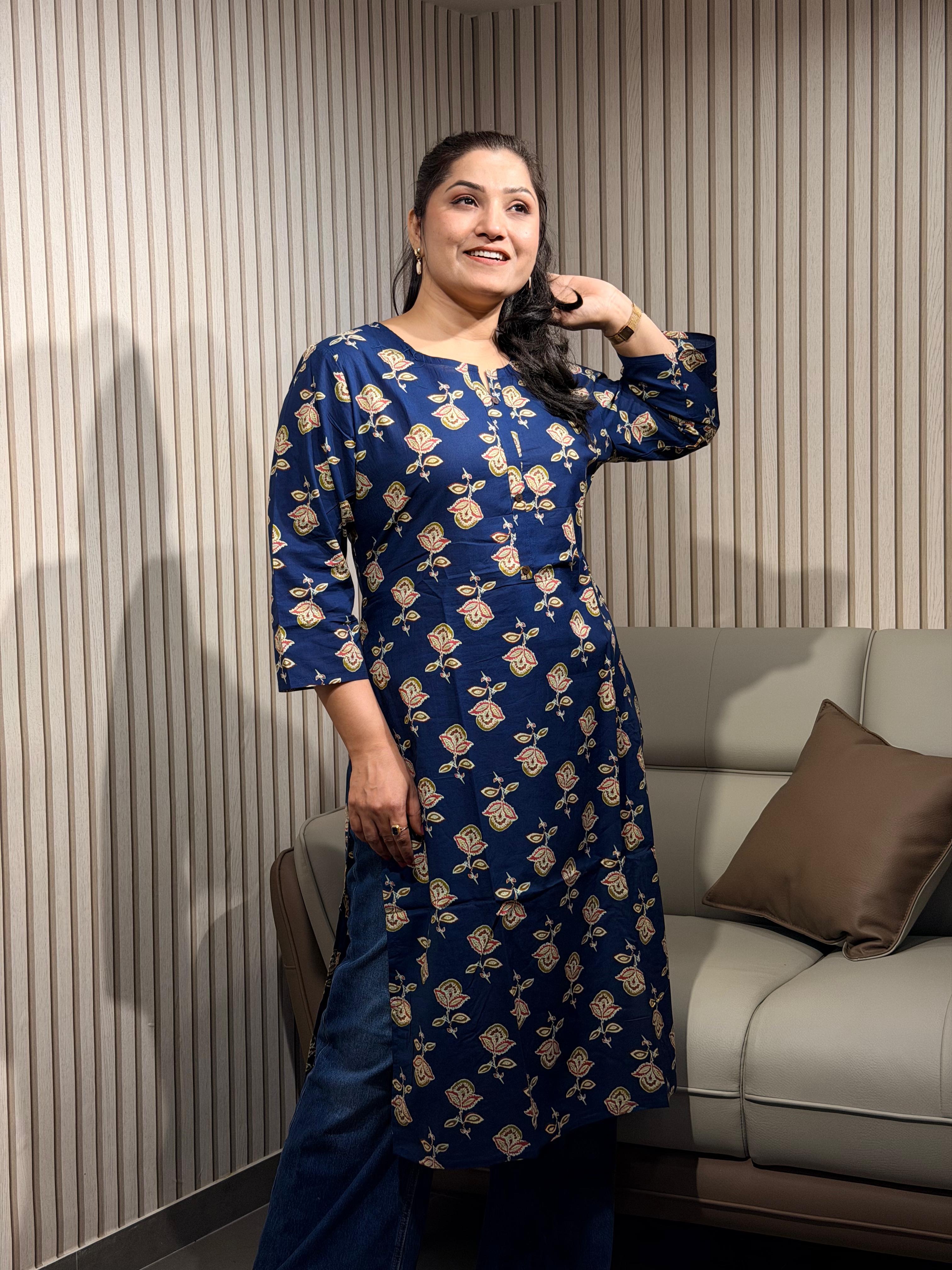 Elegant Navy Blue Leaf Print Kurti