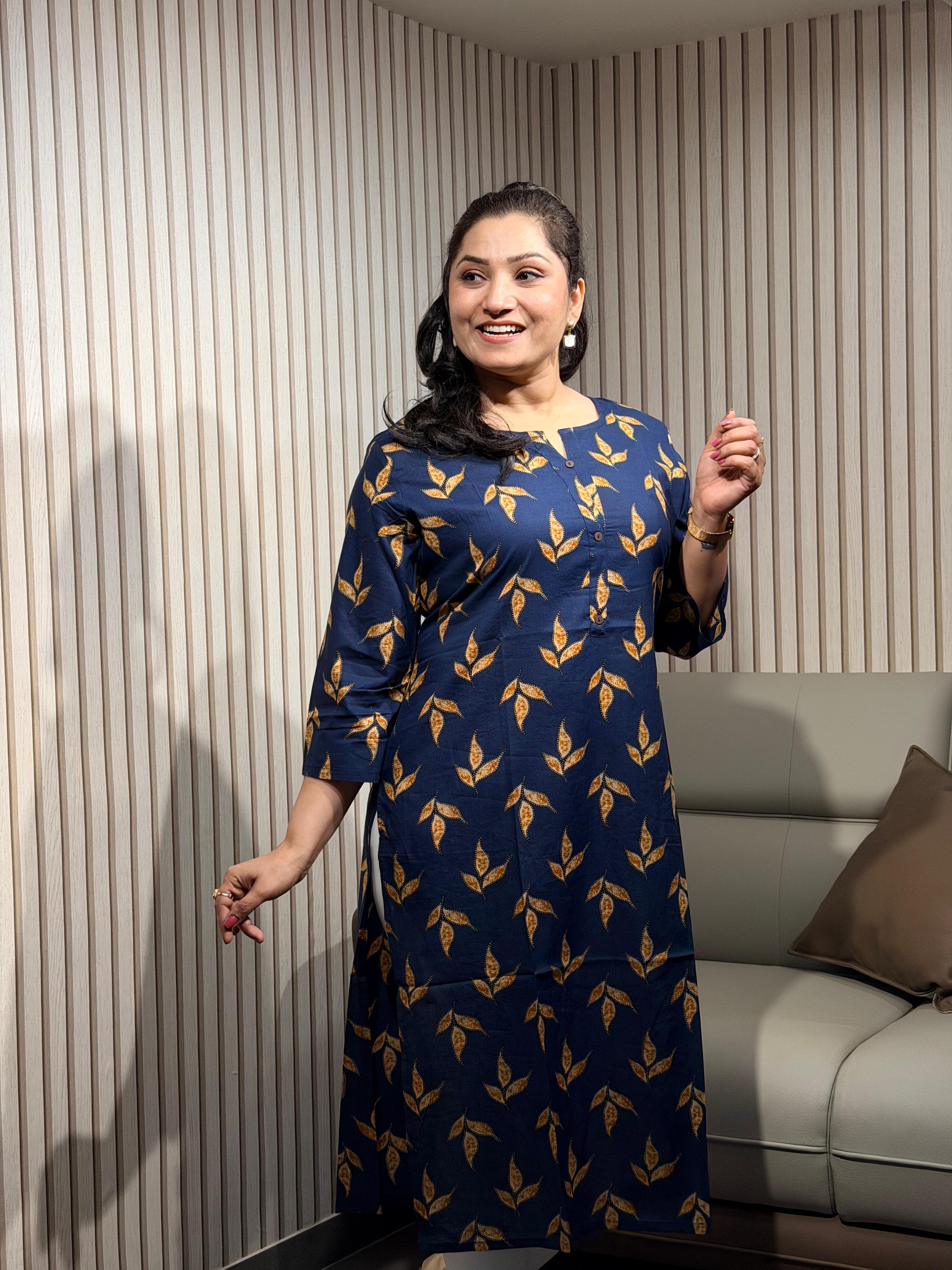 Elegant Navy Blue Leaf Print Kurti