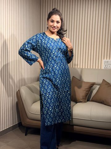 Midnight Blue Floral Motif Straight Kurti