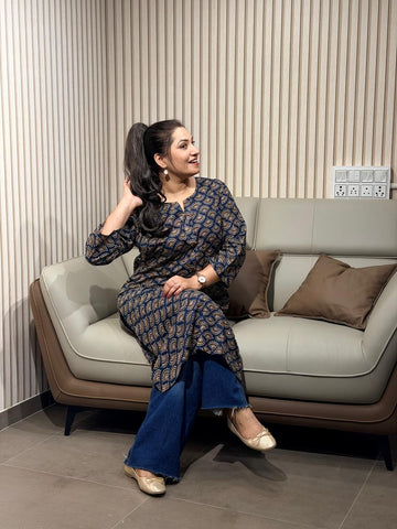 Classic Indigo Grey Printed Kurti