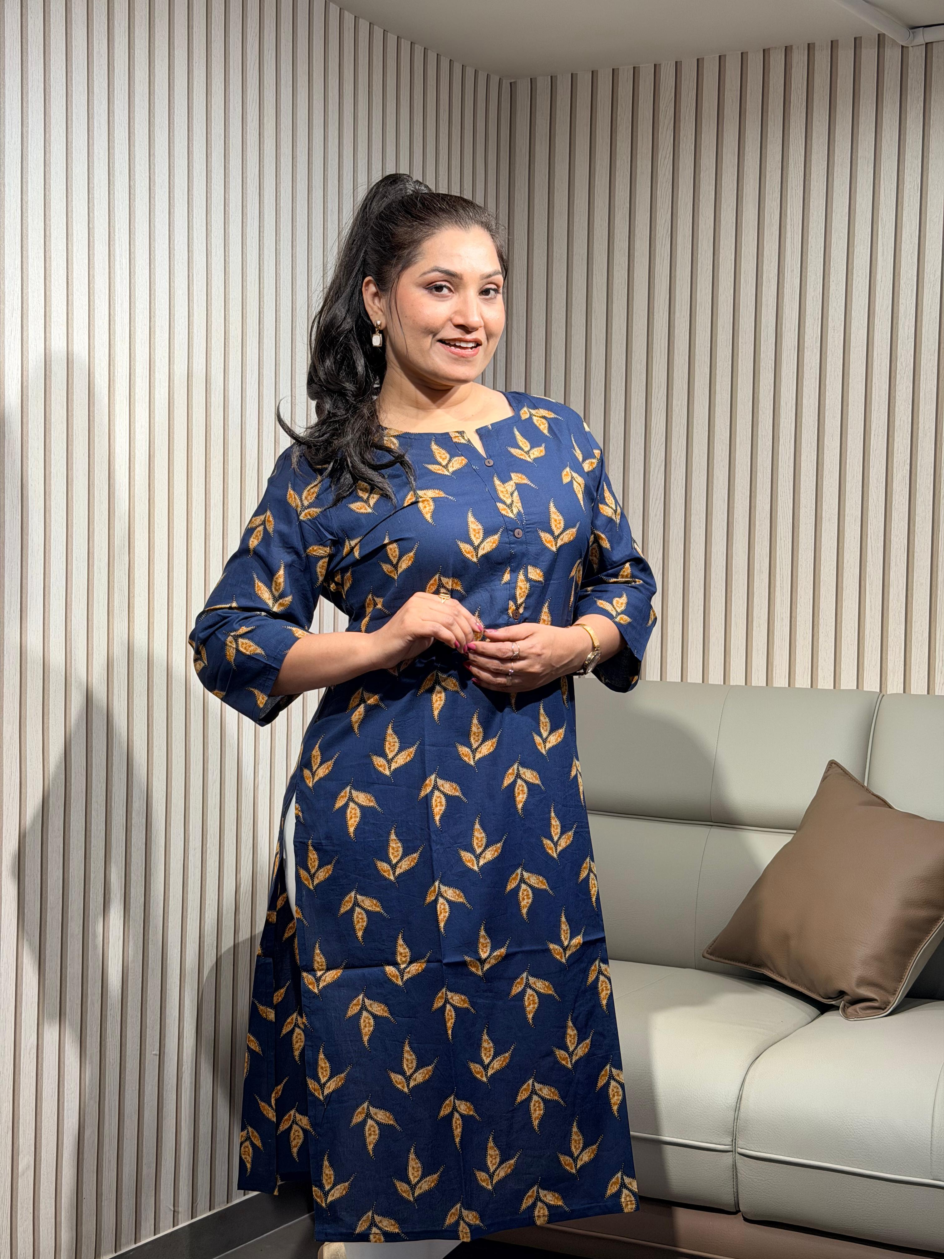 Elegant Navy Blue Leaf Print Kurti