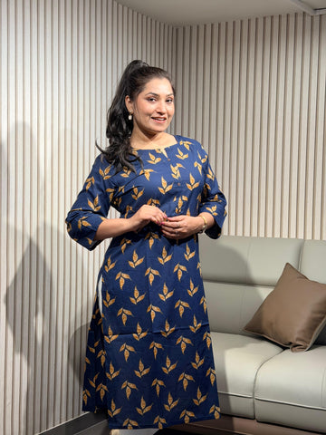 Elegant Navy Blue Leaf Print Kurti